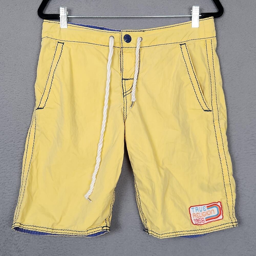 True Religion Board Shorts Mens 28 Yellow 1956 Patch Pocket Swim Drawstring USA